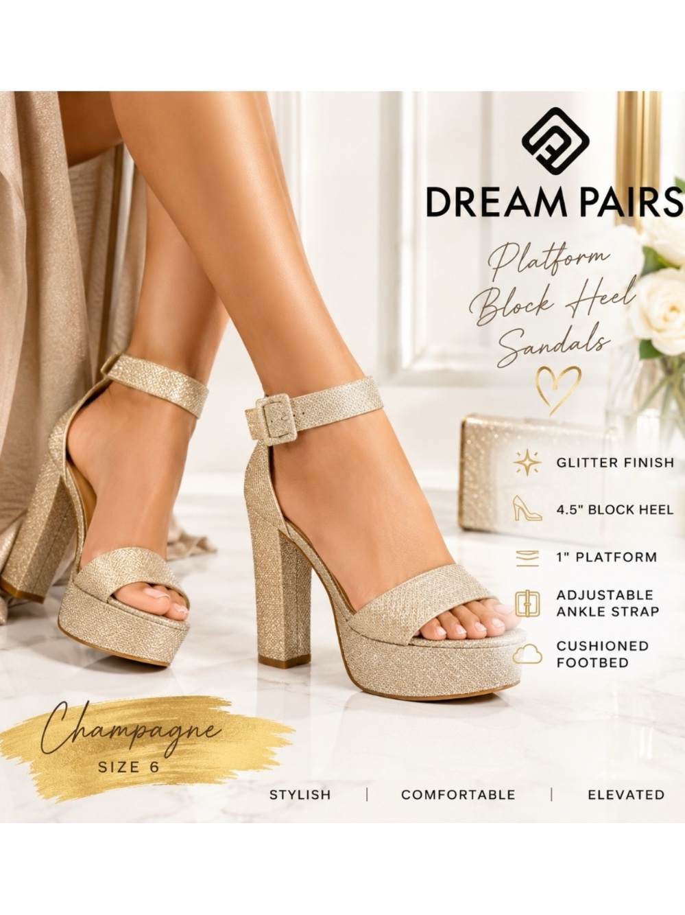Dream Pairs Champagne Gold Glitter Platform Block Heel Sandals - Women’s Size 6